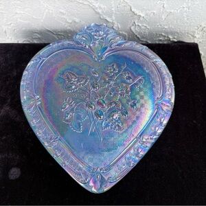 FENTON Blue Carnival Glass Floral Heart Shaped Lidded Box